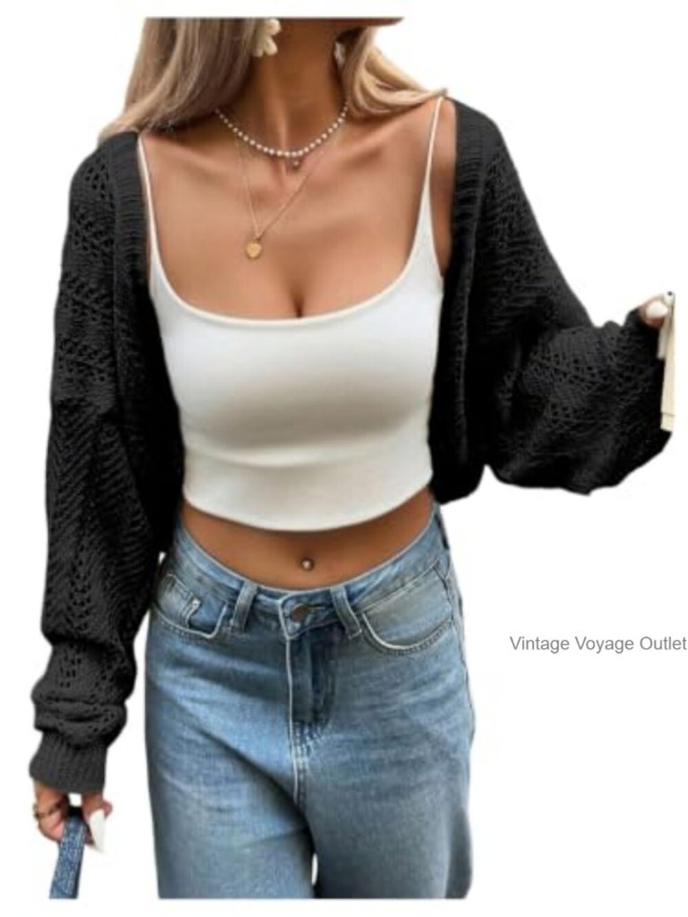 Lightweight Crochet Cropped Shrug Cardigan Open Front Long Sleeve